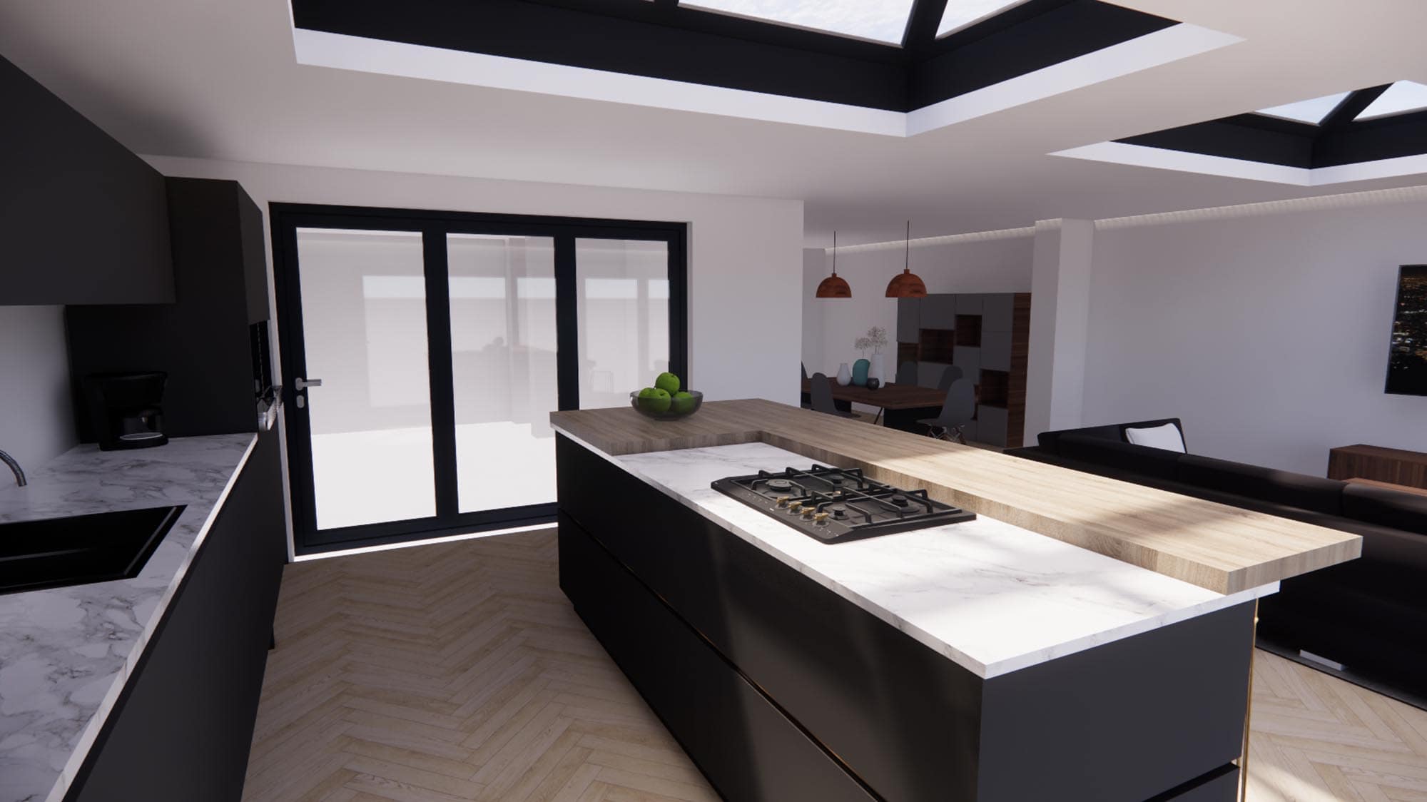 3D design options for kitchen extension architectural planning