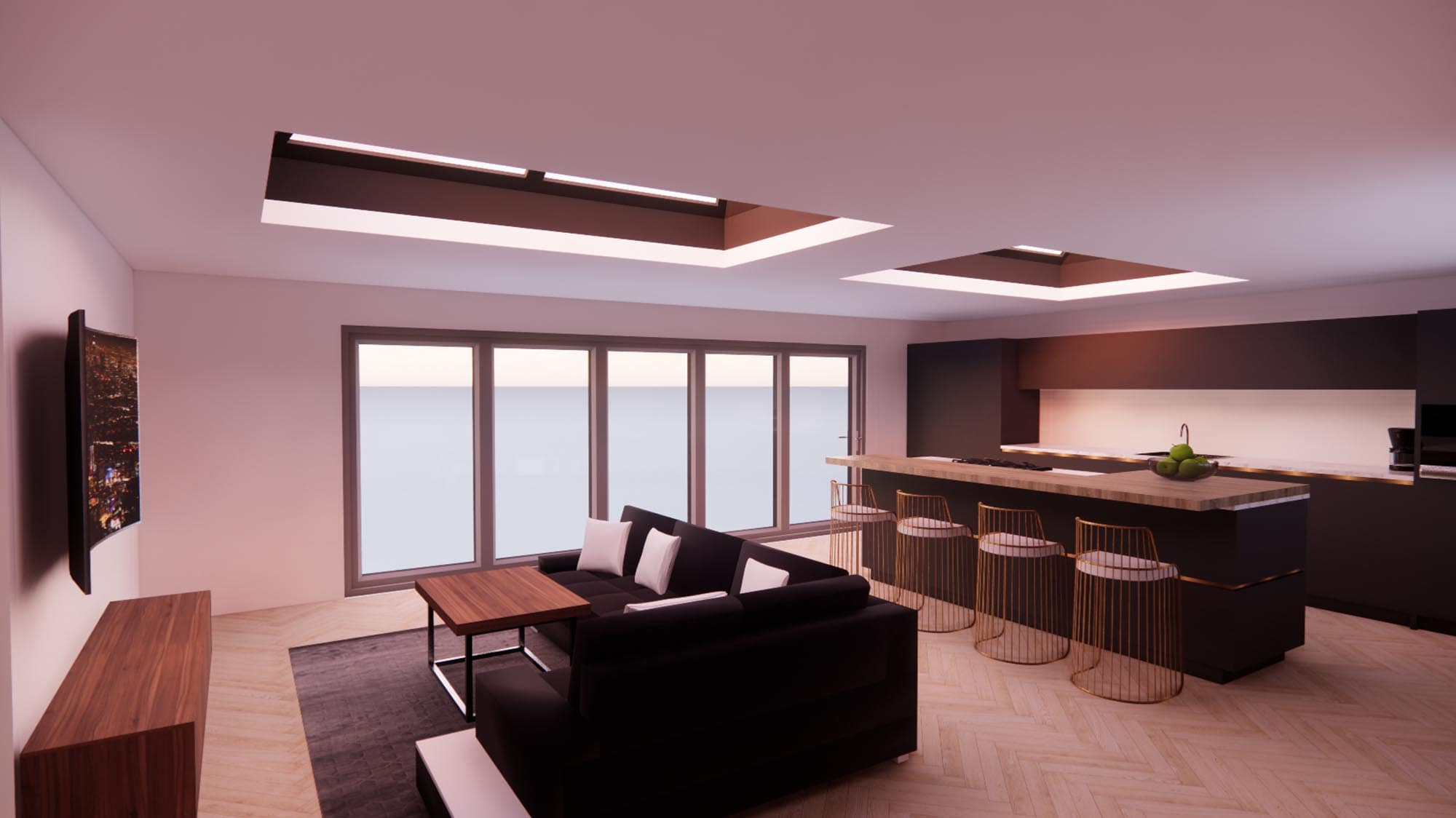 Kitchen extension with large windows designed in 3D