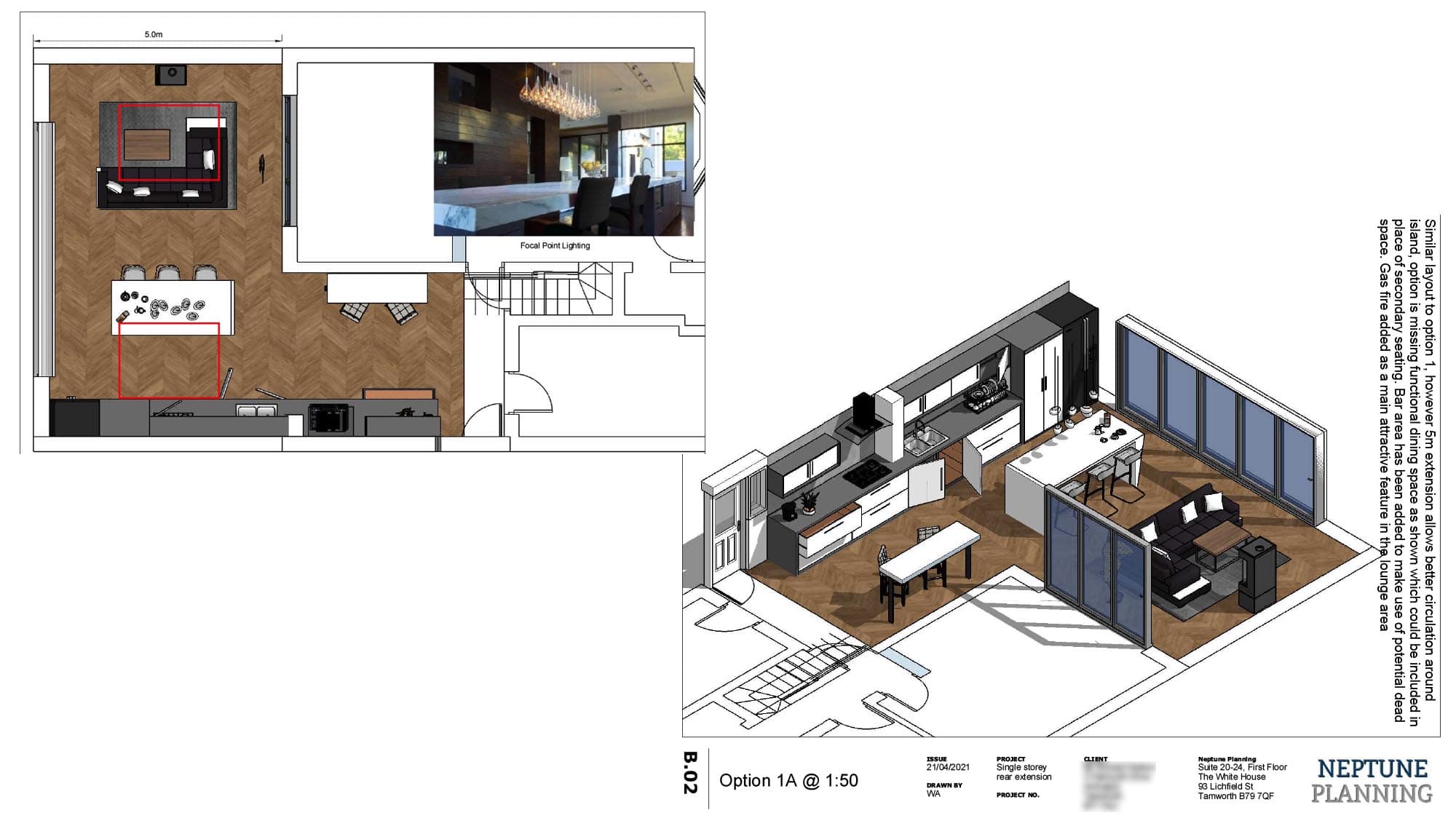 Design schematic floorpan and 3D visual of extension design