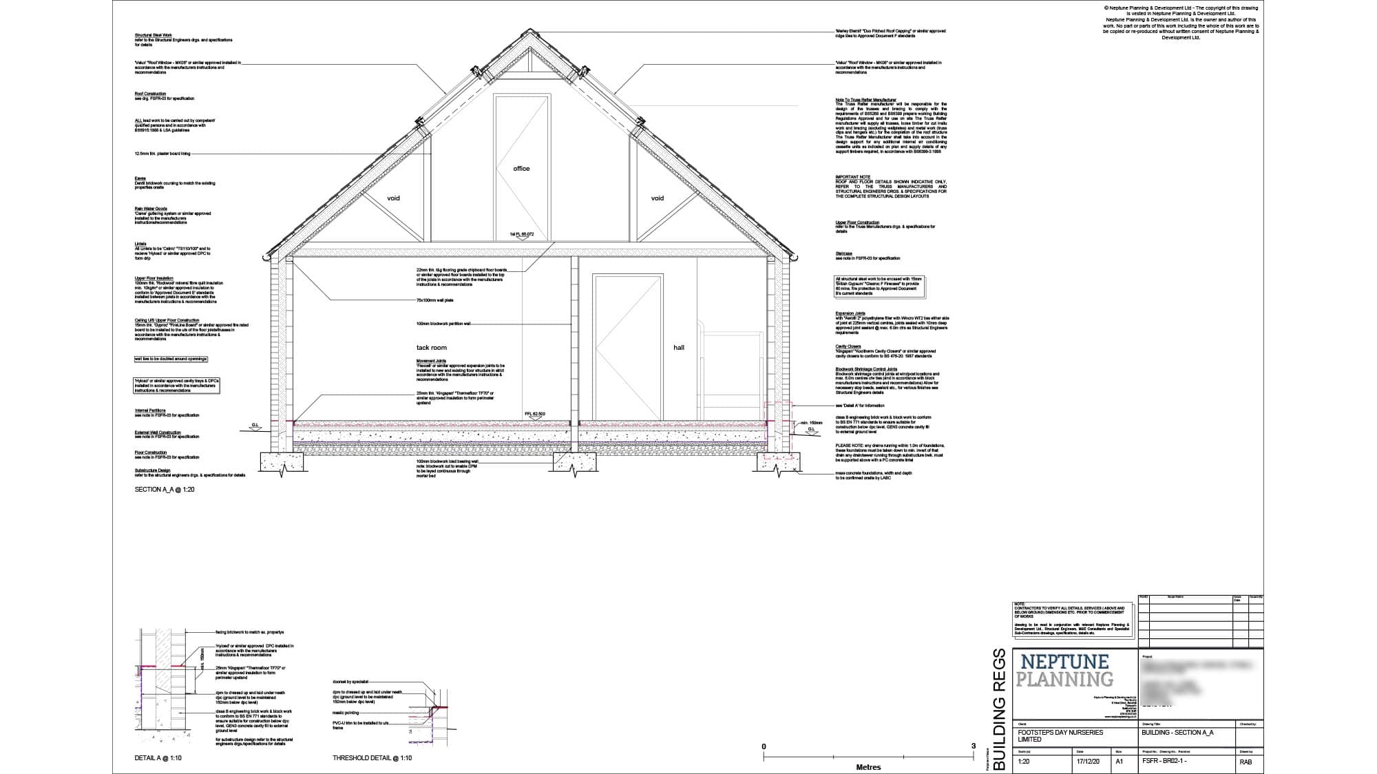 Architectural plans showing cross section of garage building