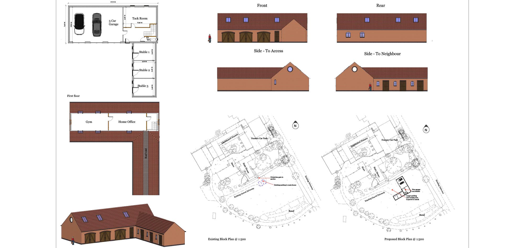 Architectural plans for garage and stable outbuildings